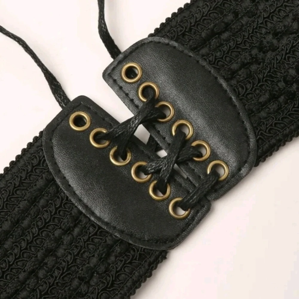 Lace up boho black woven corset wide elastic stretch vintage‎ style waist belt